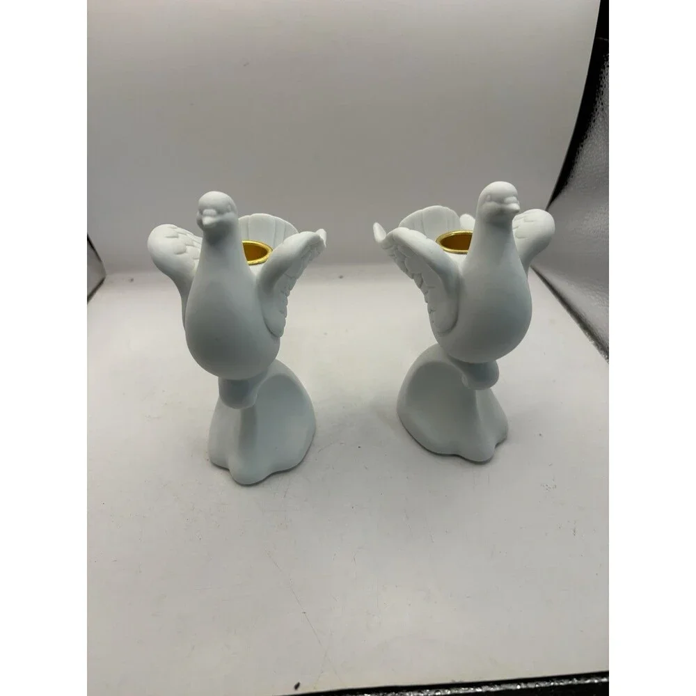 Vintage Pair Of Bisque Dove Candle Holders Signed Y.H. 1997 House Of Lloyd